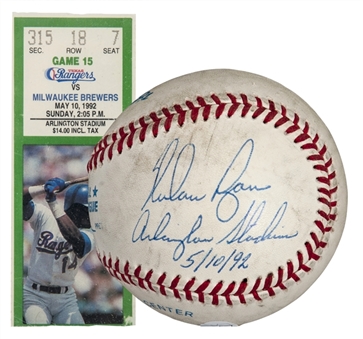 1992 Nolan Ryan Game Used, Signed, and Inscribed Baseball from May 10th, 1992 (JSA and MEARS)